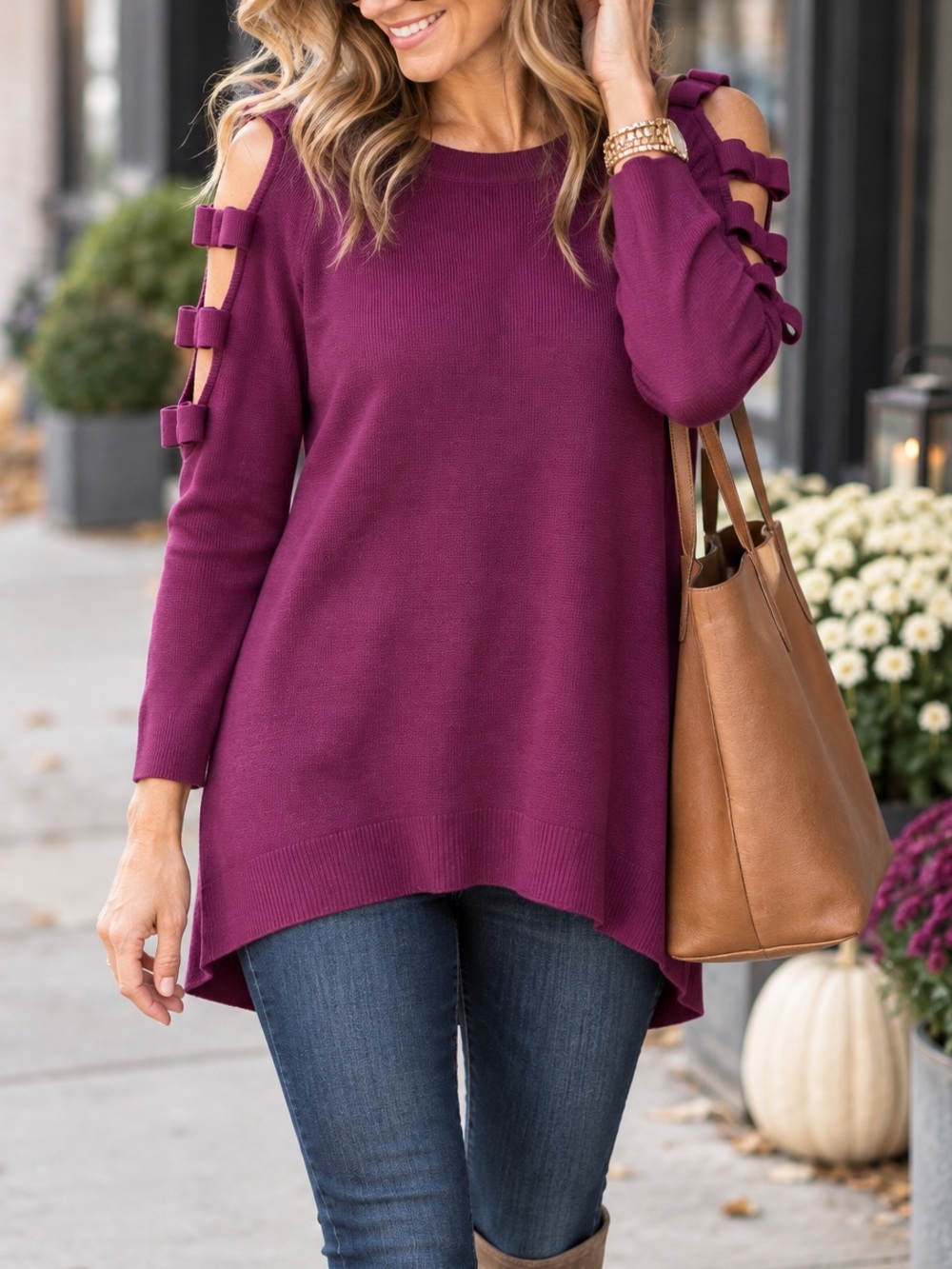 💜 Umgee USA Purple Cold Shoulder Bow Detail Sweater – Women’s Medium
A statemen